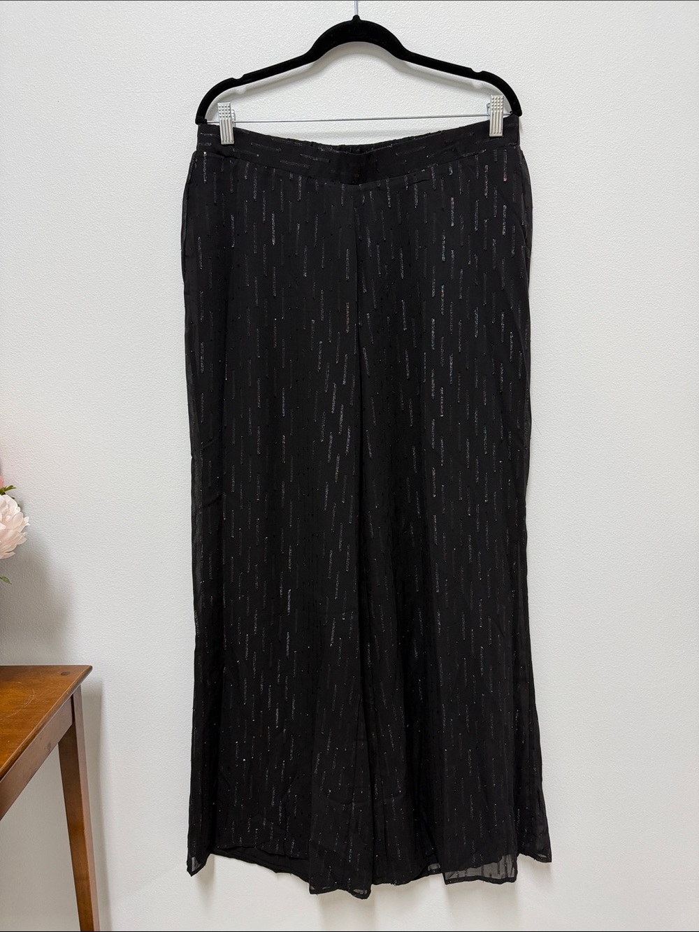 Adrienne Landau Black Wide-Leg Pants with Subtle Silver Threading